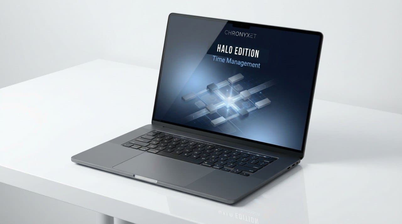 Laptop on a white surface with a 'Chronyxet' display