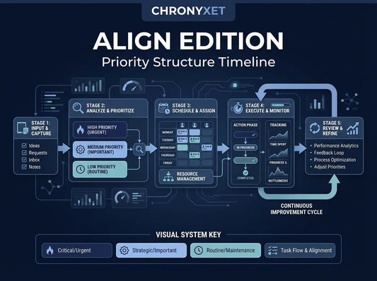 ChronyXet Priority Structure Timeline diagram with stages and visual system key on a dark background