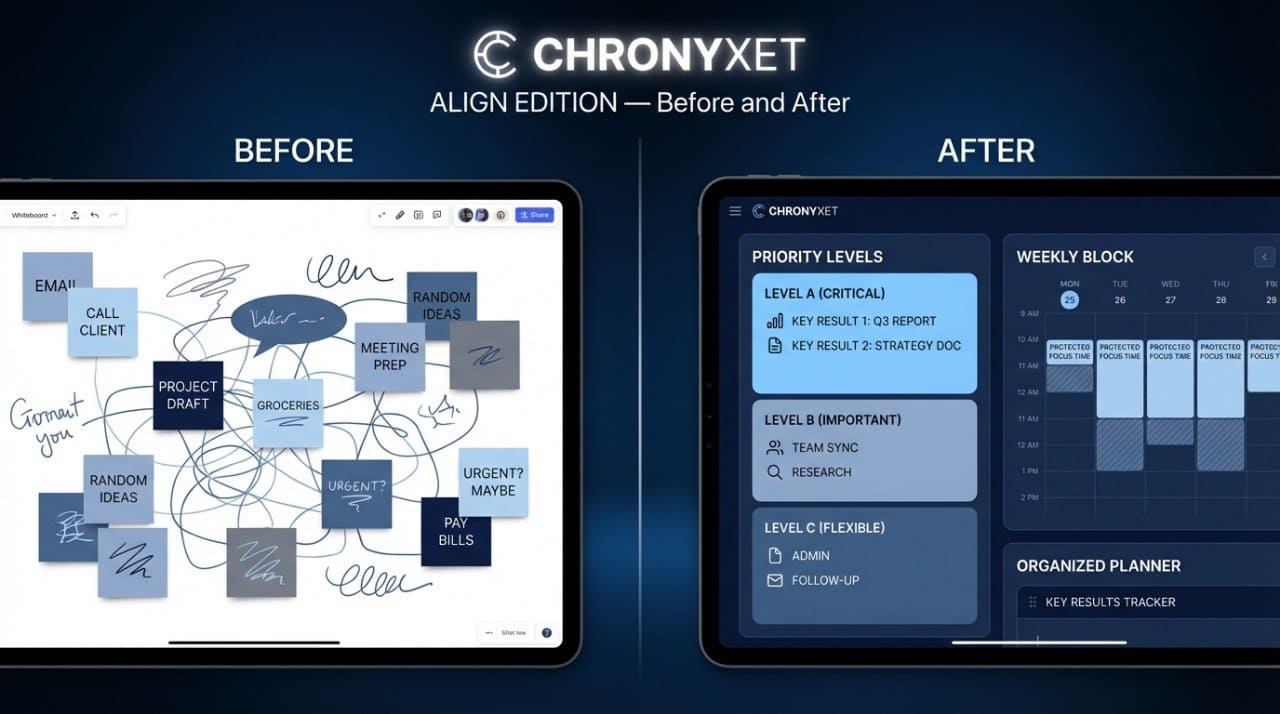 Before and after comparison of a digital planner app interface on a tablet, with Chronyxet branding.