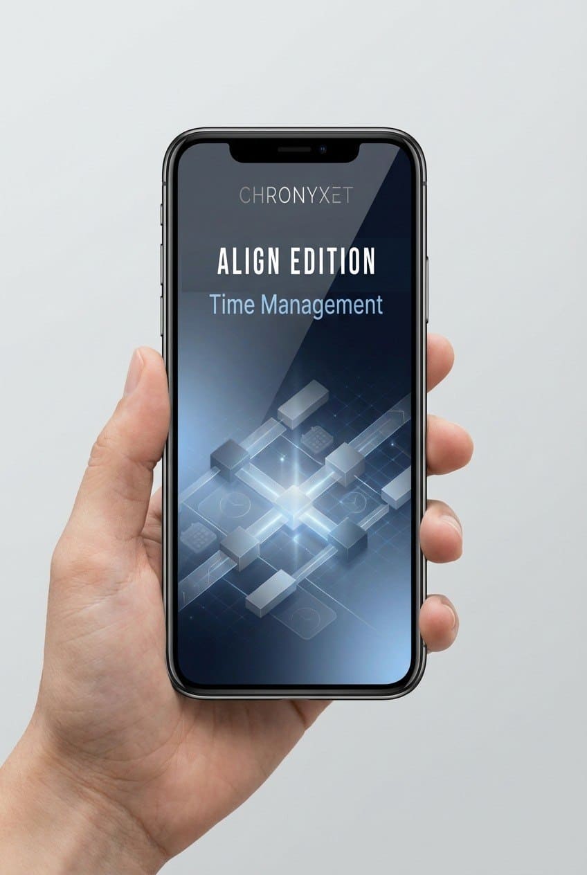 Hand holding a smartphone displaying the ChronyXet app on a light gray background
