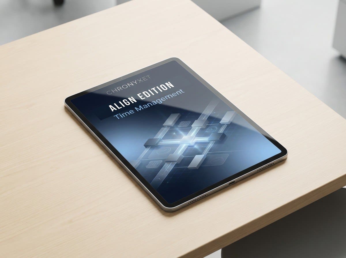 Tablet on a wooden surface with Chronyxet 'Align Edition' coures  displayed