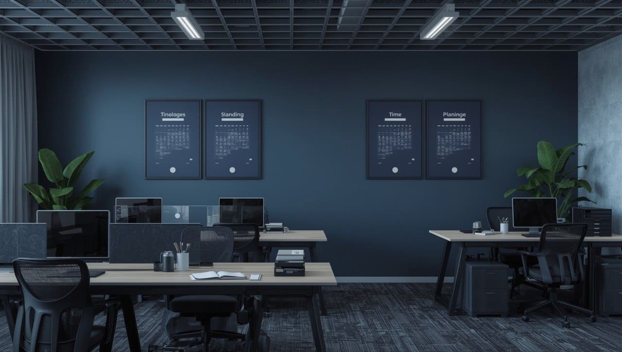 Modern office with dark blue walls, desks, computers, and plants.