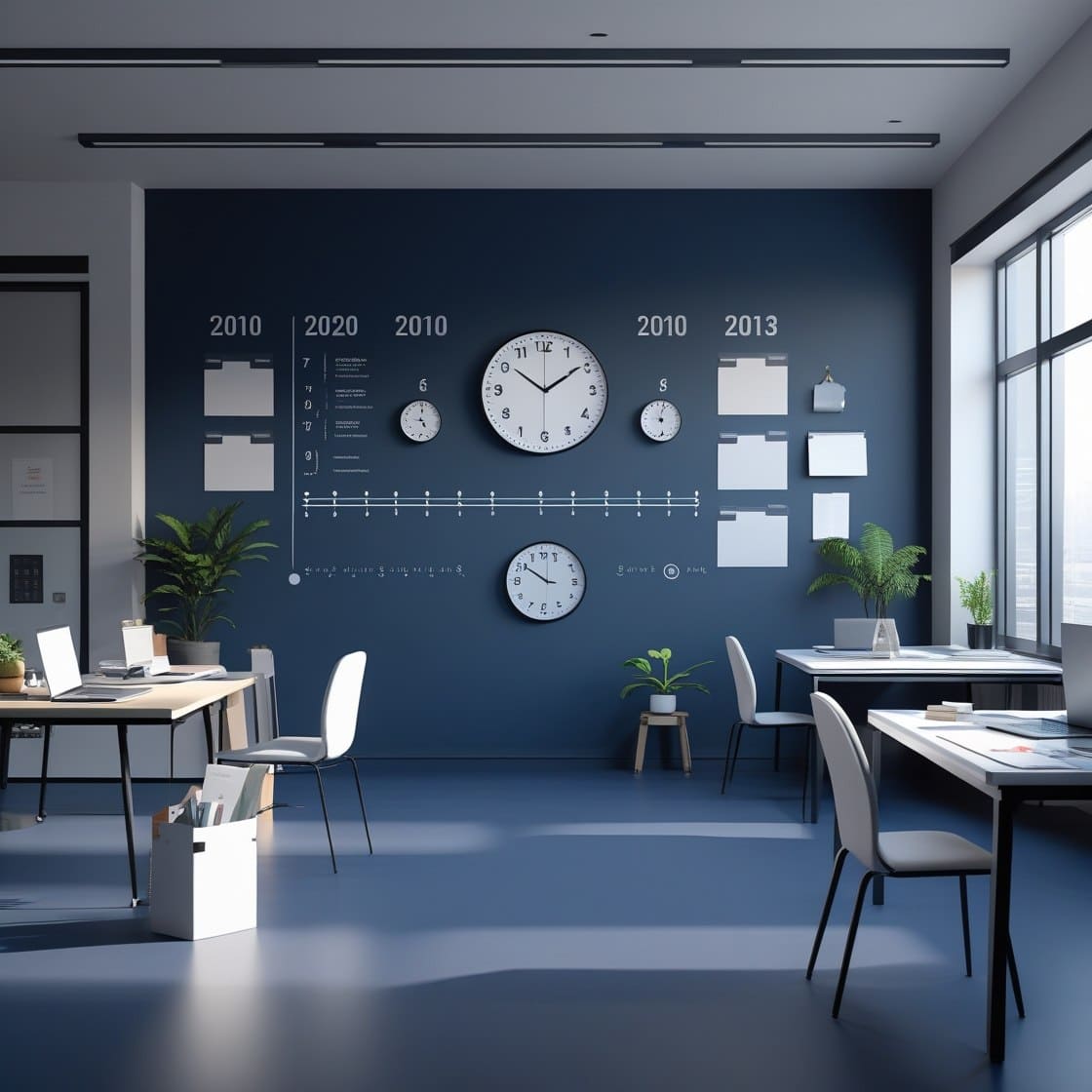 Modern office with blue walls, desks, chairs, and decorative elements.