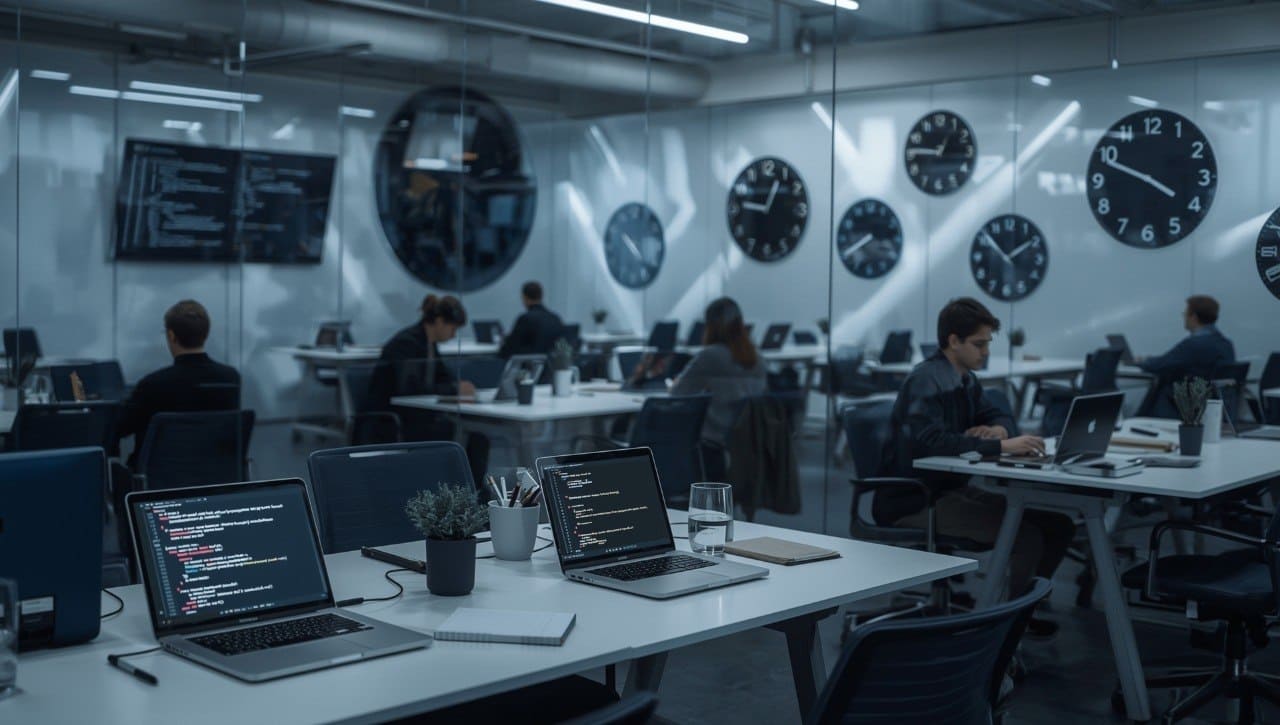 Modern office with employees working on laptops, multiple clocks on the wall, and glass walls.