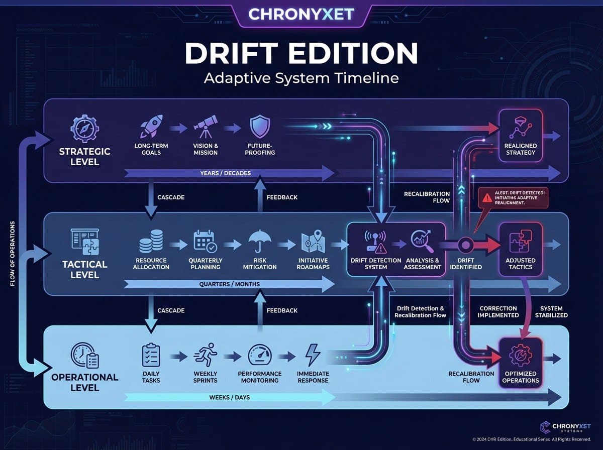 Chronyxet Drift Edition Adaptive System Timeline diagram on a dark background