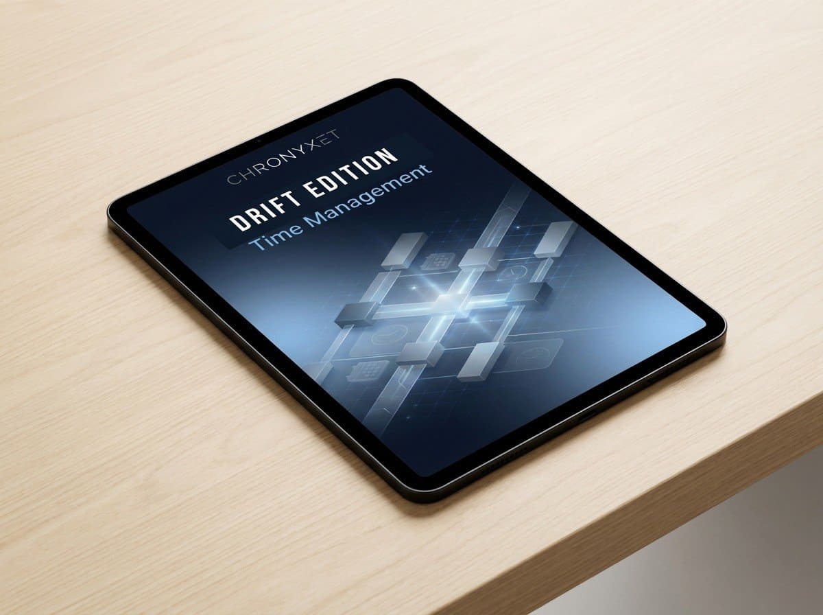Tablet displaying 'Chronyx Drift Edition Time Management' on a light wooden surface