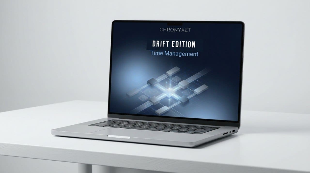 Laptop on a white surface with 'Chronyxet' software displayed on the screen.