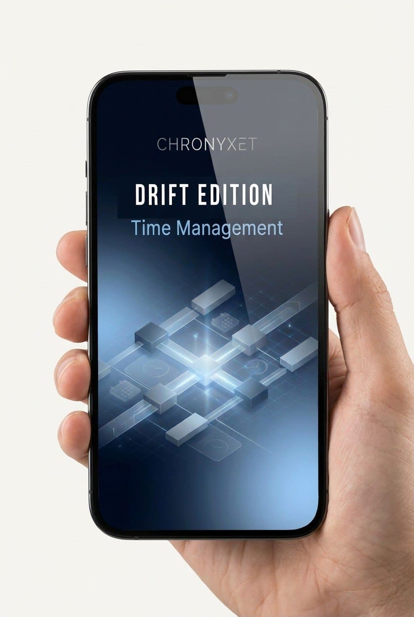 Hand holding a smartphone displaying the Chronyxet app on a white background