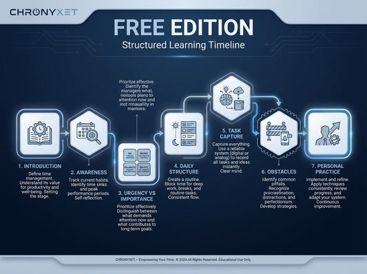 Structured learning timeline with icons and text on a blue background, featuring the ChronyXet logo.