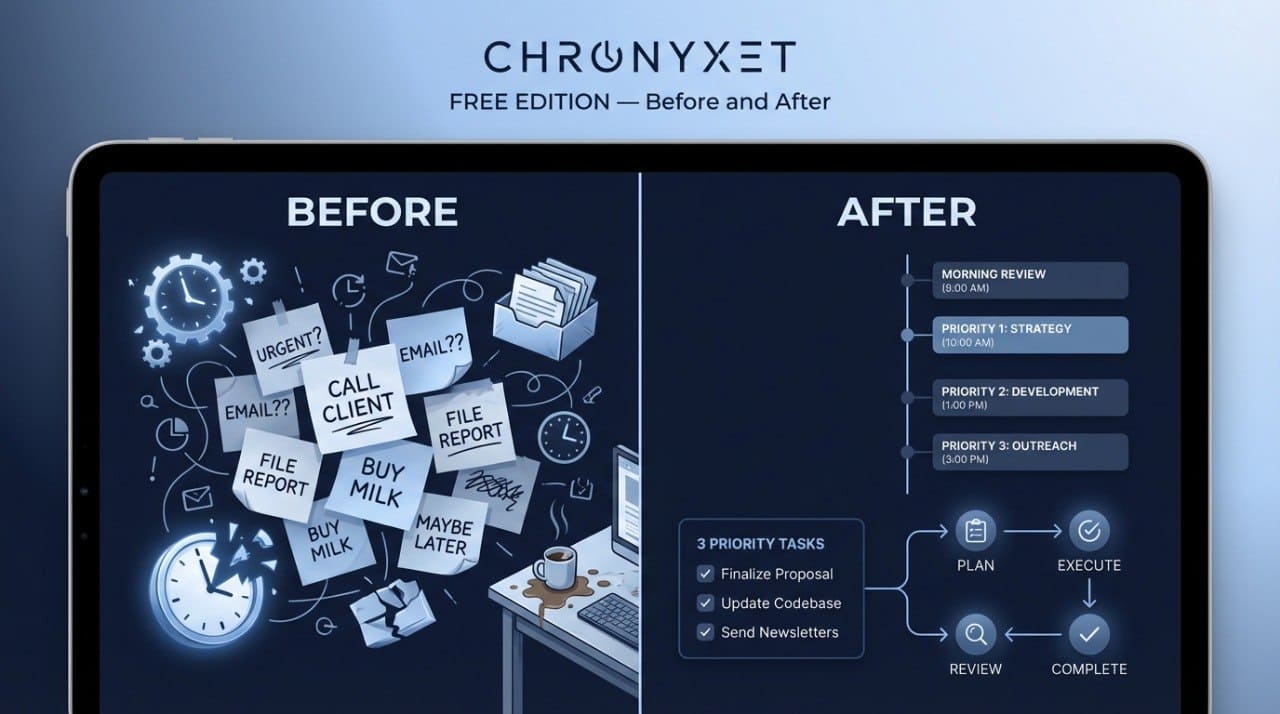Tablet displaying 'Before and After' productivity improvement with ChronyXet software.