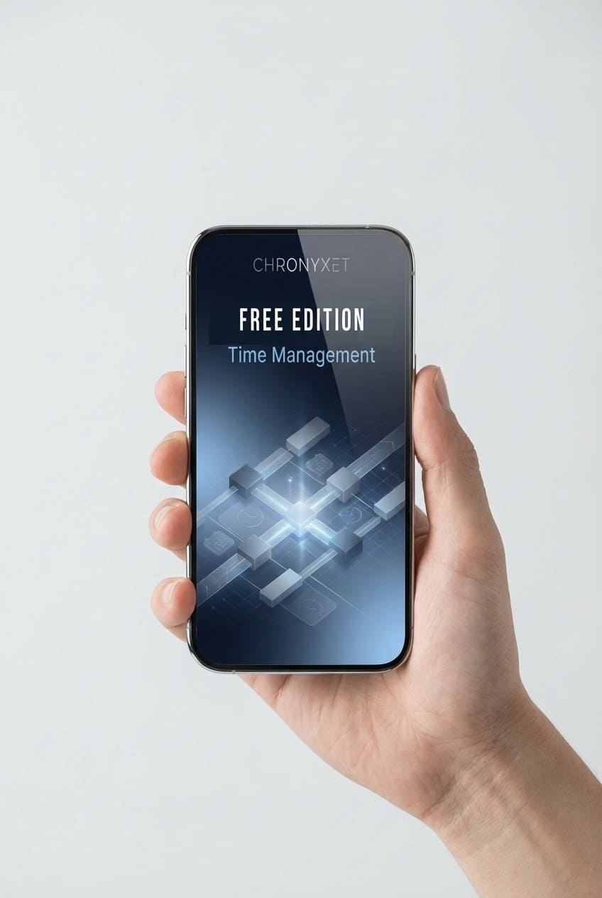 Hand holding a smartphone displaying the Chronyxet courses on a light gray background