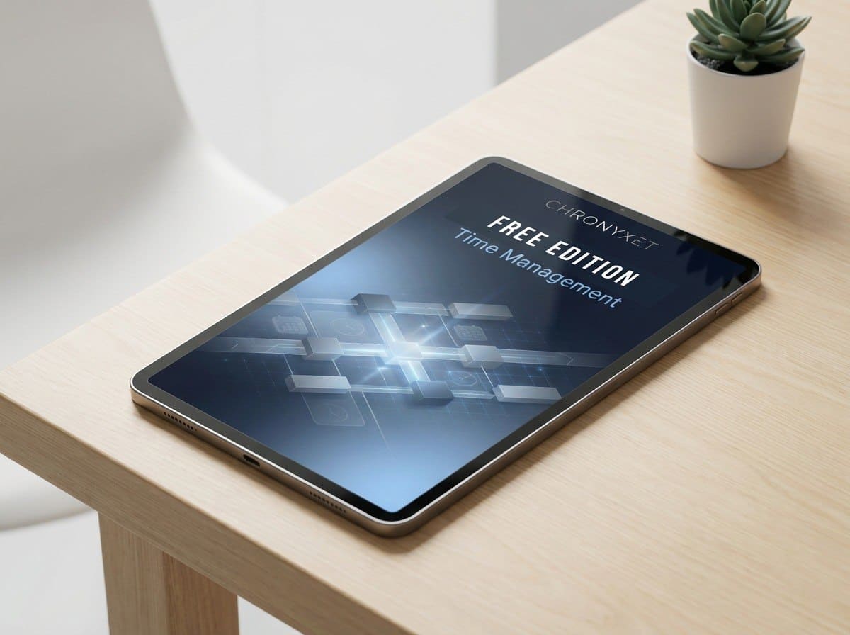 Tablet on a wooden table with a plant in the background