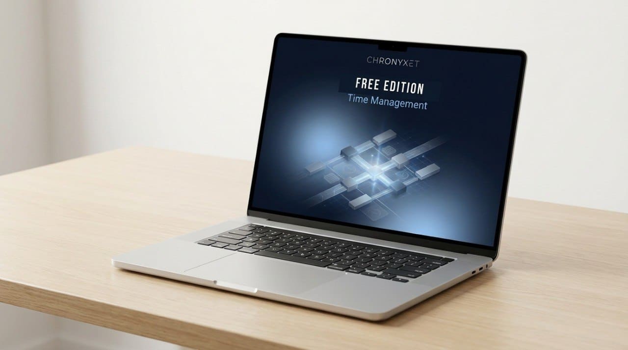 Laptop on a wooden surface with a software application displayed on the screen.