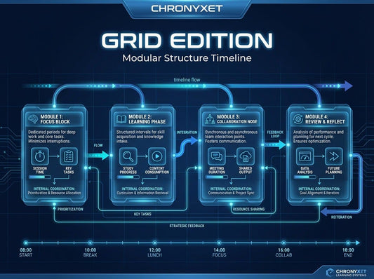 Chronyxet Grid Edition modular structure timeline diagram on a dark background