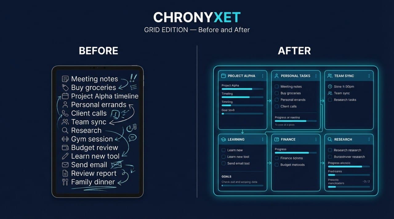 Comparison of 'Before' and 'After' notes using ChronyXet Grid Edition on a dark background.