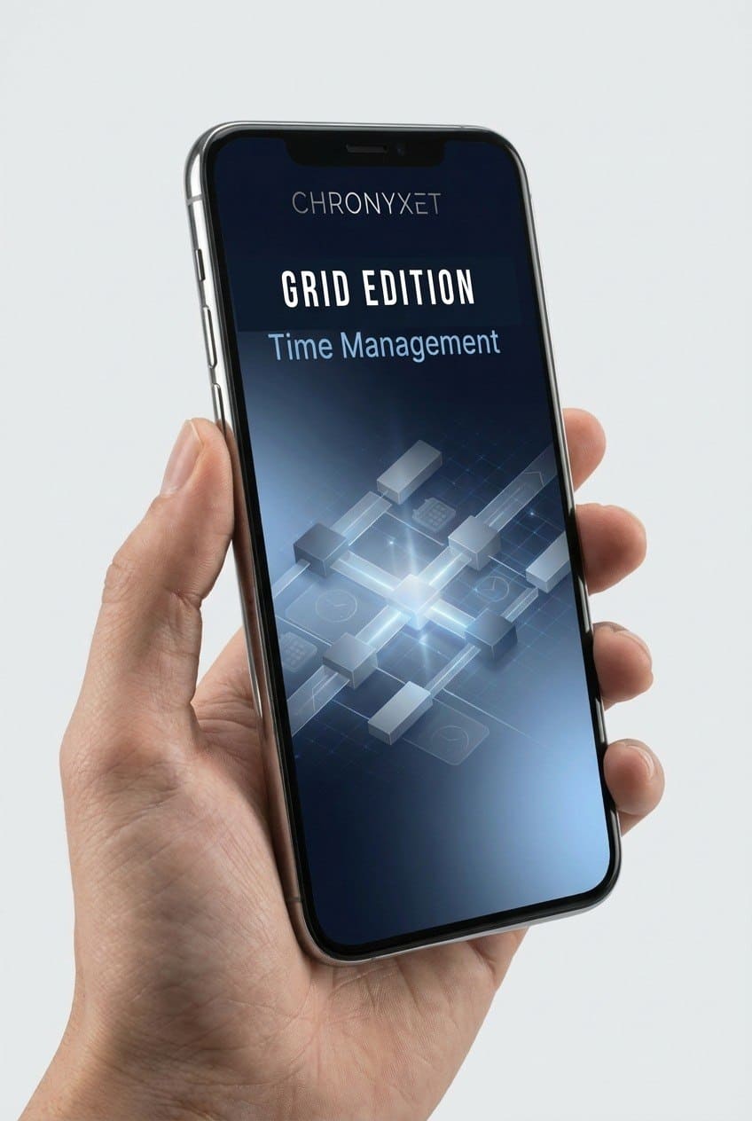 Hand holding a smartphone displaying the Chronyxet Grid Edition course on a light gray background