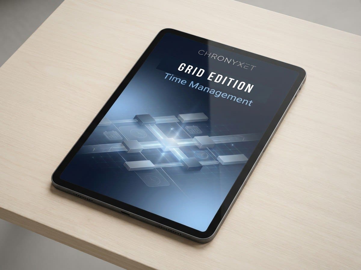 Tablet displaying 'Chronyxet Grid Edition Time Management' on a light wooden surface.