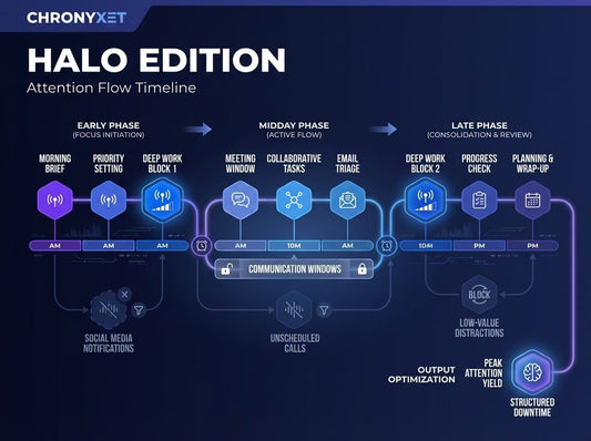 Attention flow timeline for CHRONYXET HALO Edition on a dark background
