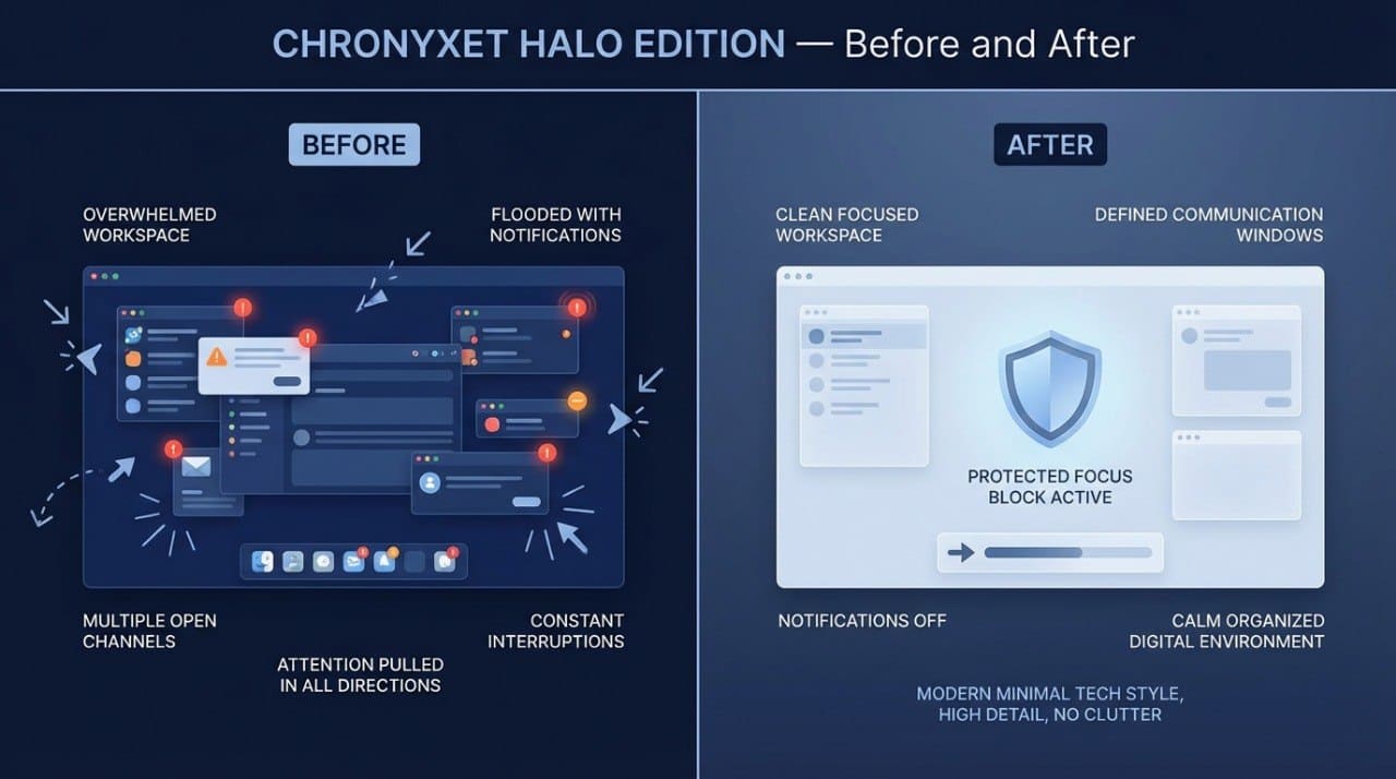 Comparison of overwhelmed workspace before and clean focused workspace after using Chronyxet Halo Edition.