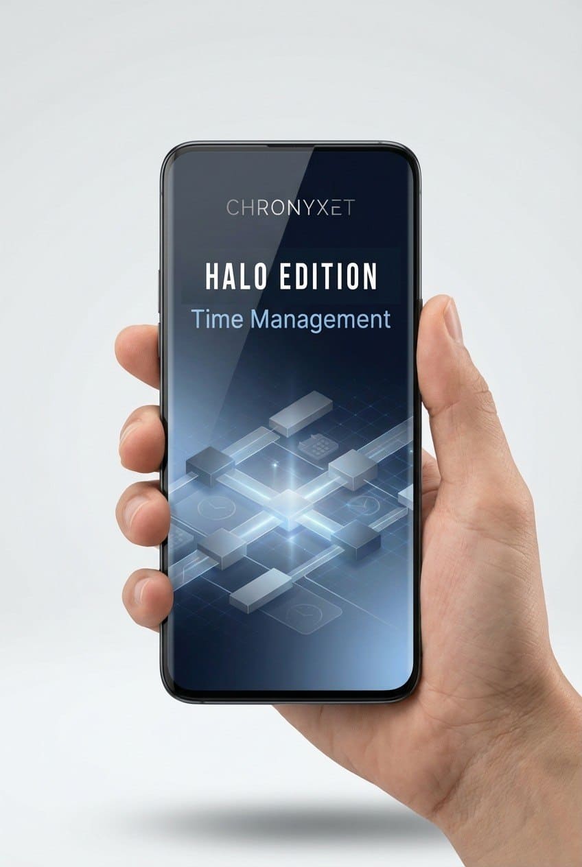 Hand holding a smartphone with 'Chronyxet Halo Edition Time Management' course displayed on the screen.