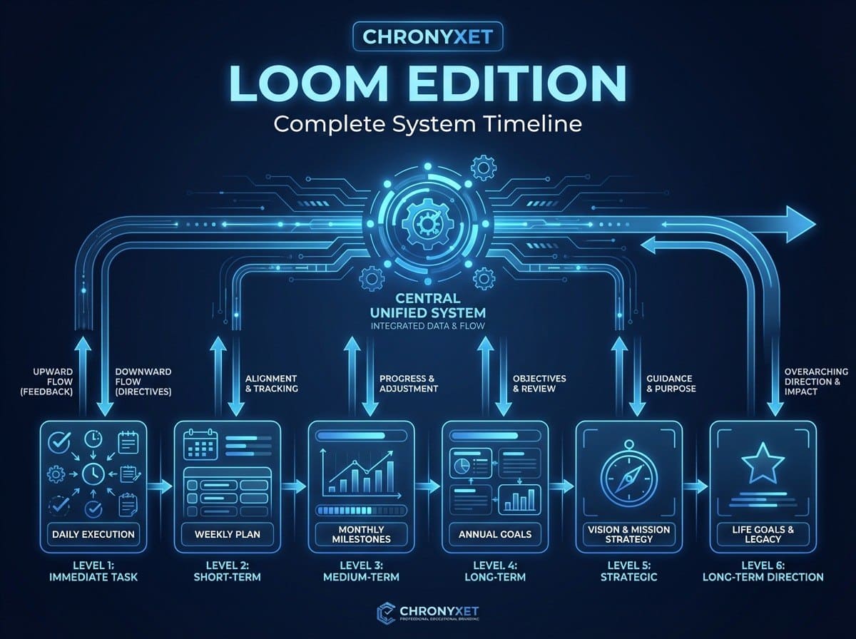 ChronyXet Loom Edition system timeline diagram on a dark background