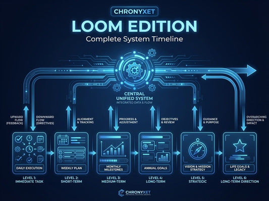 ChronyXet Loom Edition system timeline diagram on a dark background