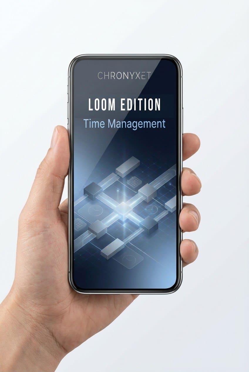 Hand holding a smartphone displaying 'Chronyxet Loom Edition Time Management' on a white background