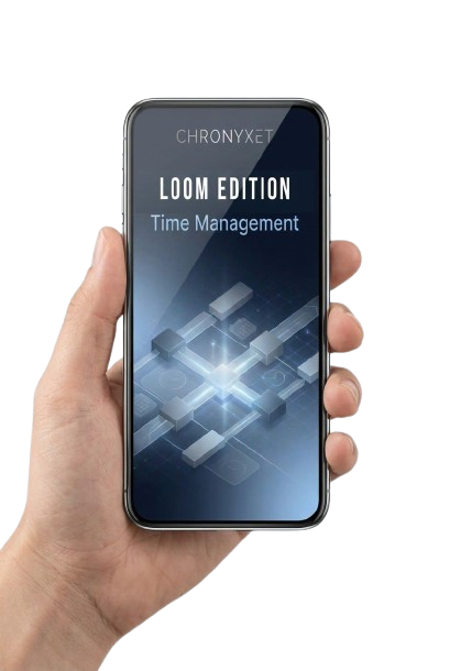 Hand holding a smartphone displaying 'Chronyxet Loom Edition Time Management' on a white background