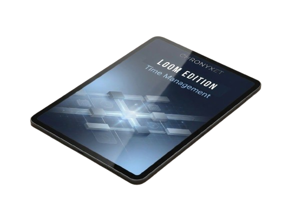 Tablet with 'Chronyxet' branding and 'Loom Edition Time Management' text on a white background