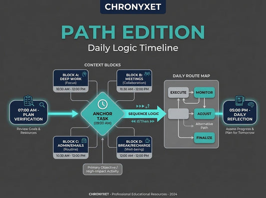 Chronyxet Path Edition Daily Logic Timeline diagram on a dark background