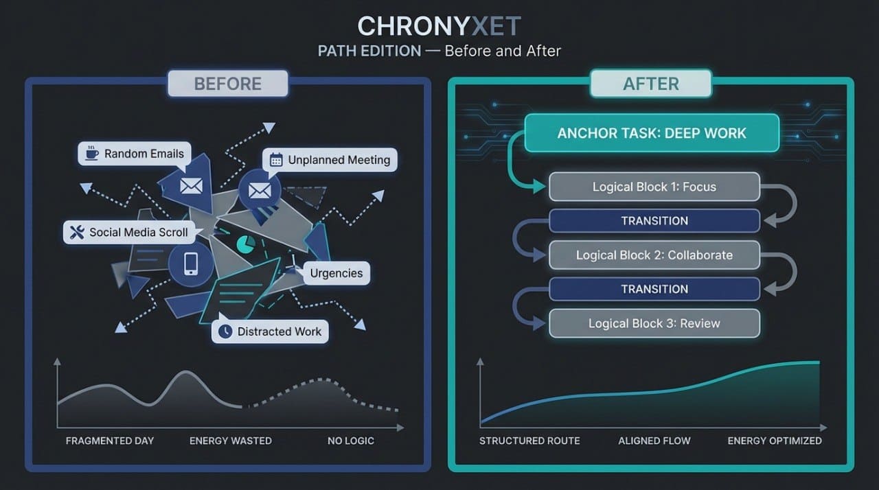 Diagram showing a before and after comparison of productivity workflow with 'Chronyxet' branding.