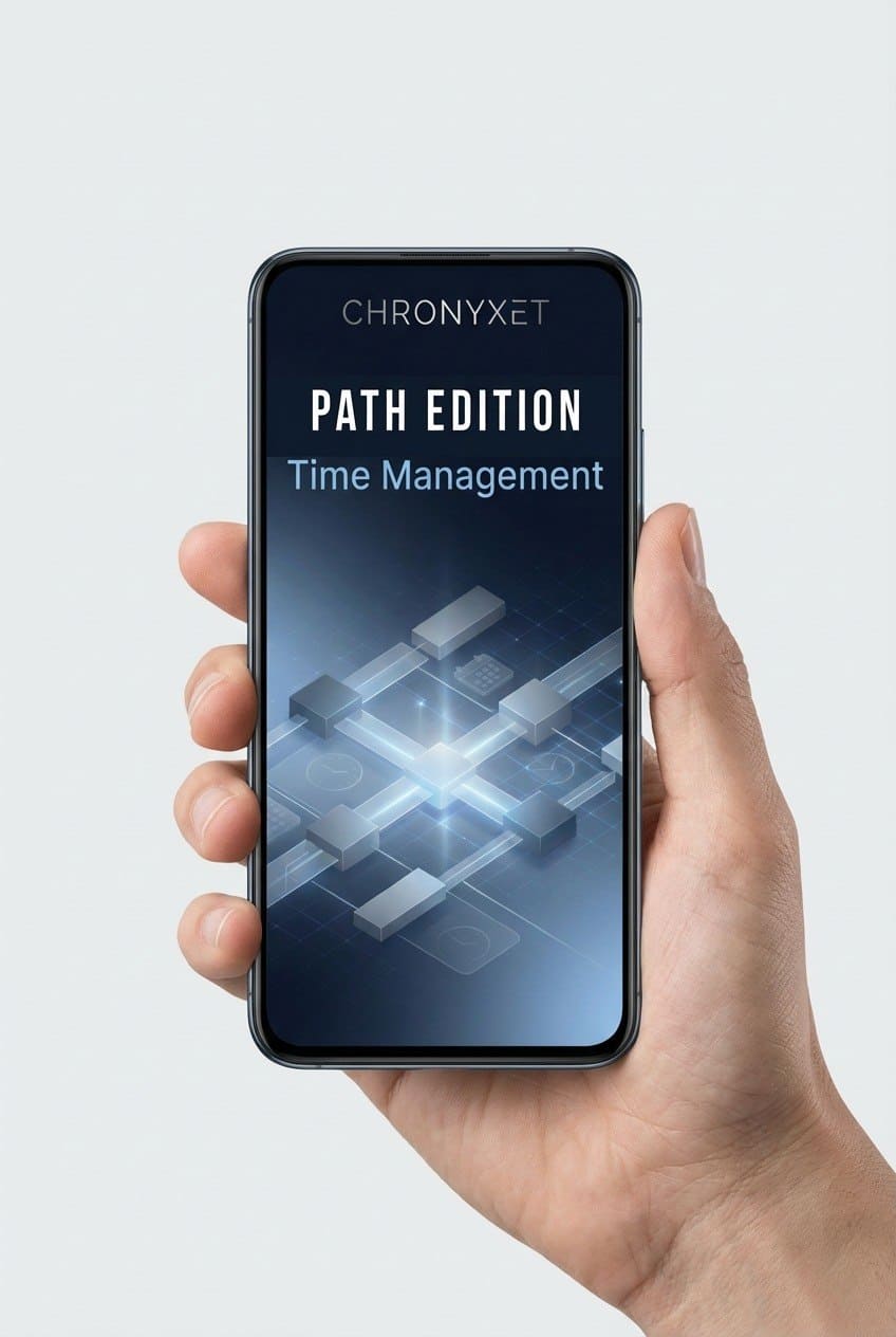 Hand holding a smartphone displaying the Chronyxet Path Edition Time Management course on a light gray background
