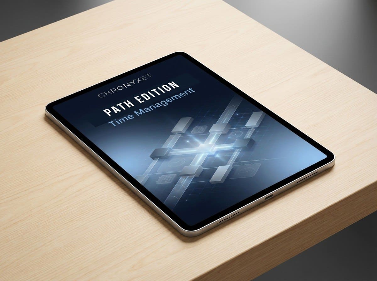 Tablet displaying a software application on a wooden surface