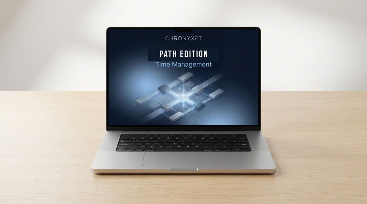 Laptop on a wooden surface with 'Chronyxet' software displayed on the screen.